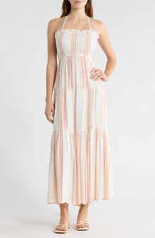 Elan Embroidered Stripe Strapless Tiered Dress
