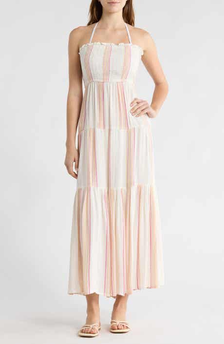 Elan Embroidered Stripe Strapless Tiered Dress