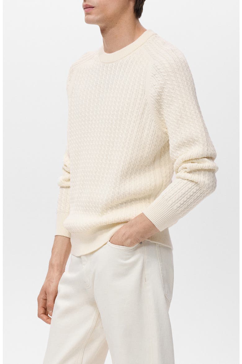 Cabled Cotton Crewneck Sweater, Alternate, color, OFF WHITE