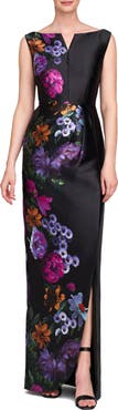 Kay Unger Helene Placed Floral Print Column Gown