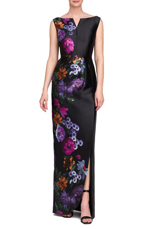 Kay Unger Helene Placed Floral Print Column Gown In Raven/boysenberry