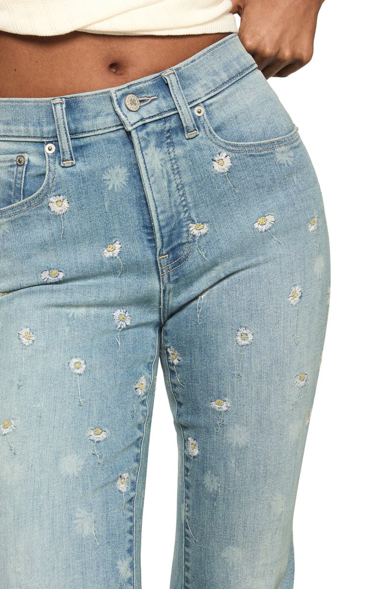 Lucky Brand Stevie Daisy Embroidered High Waist Bell Flare Jeans, Alternate, color, Dazing Around Wash
