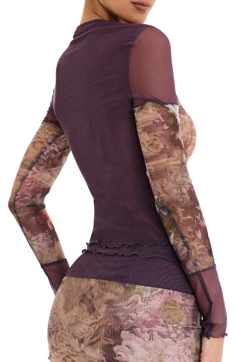 Mistress Rocks Mixed Media Floral Mesh Top, Alternate, color, Dusty Prune