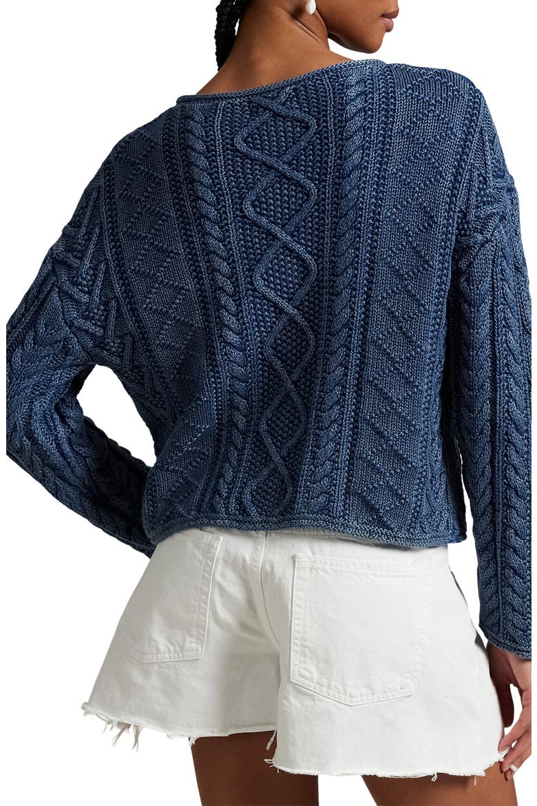 Flag Cable Knit Cotton Aran Sweater, Alternate, color, INDIGO/ MULTI