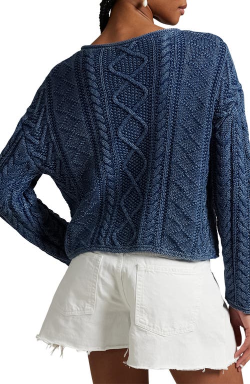 Shop Polo Ralph Lauren Flag Cable Knit Cotton Aran Sweater In Indigo/multi