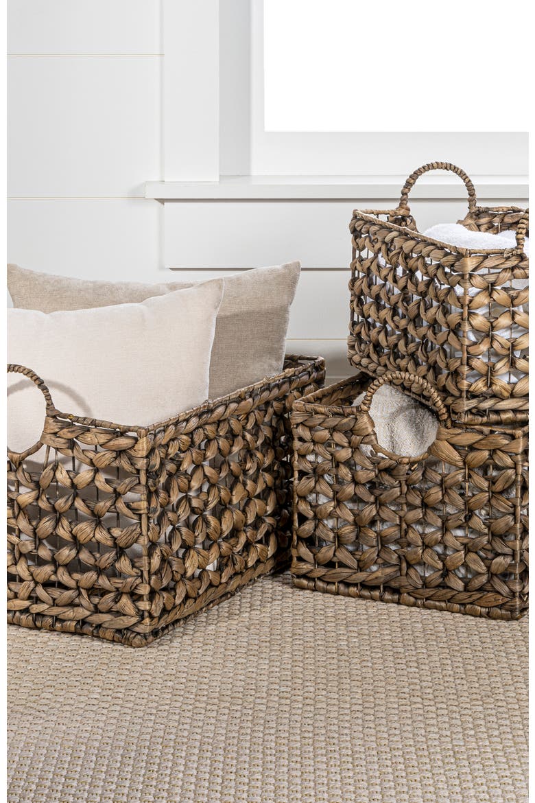 Quinn Bohemian Cottage Woven Hyacinth Rectangular Storage Baskets with Handles,, Alternate, color, Brown