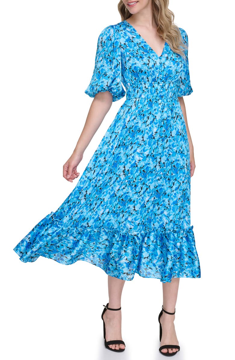 Kensie Floral Puff Sleeve Midi Dress, Alternate, color, 