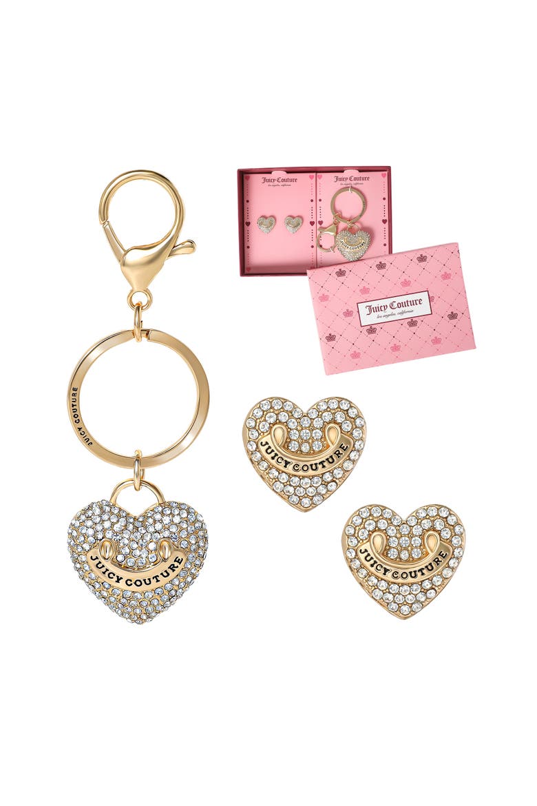 Pave Heart Keychain & Earrings Set, Main, color, gold, silver