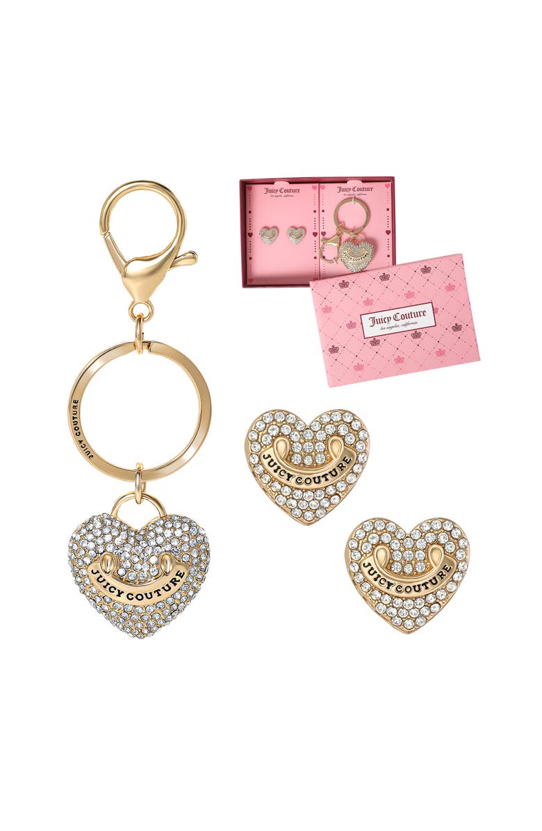 Juicy Couture Pave Heart Keychain & Earrings Set, Main, color, Gold, Silver
