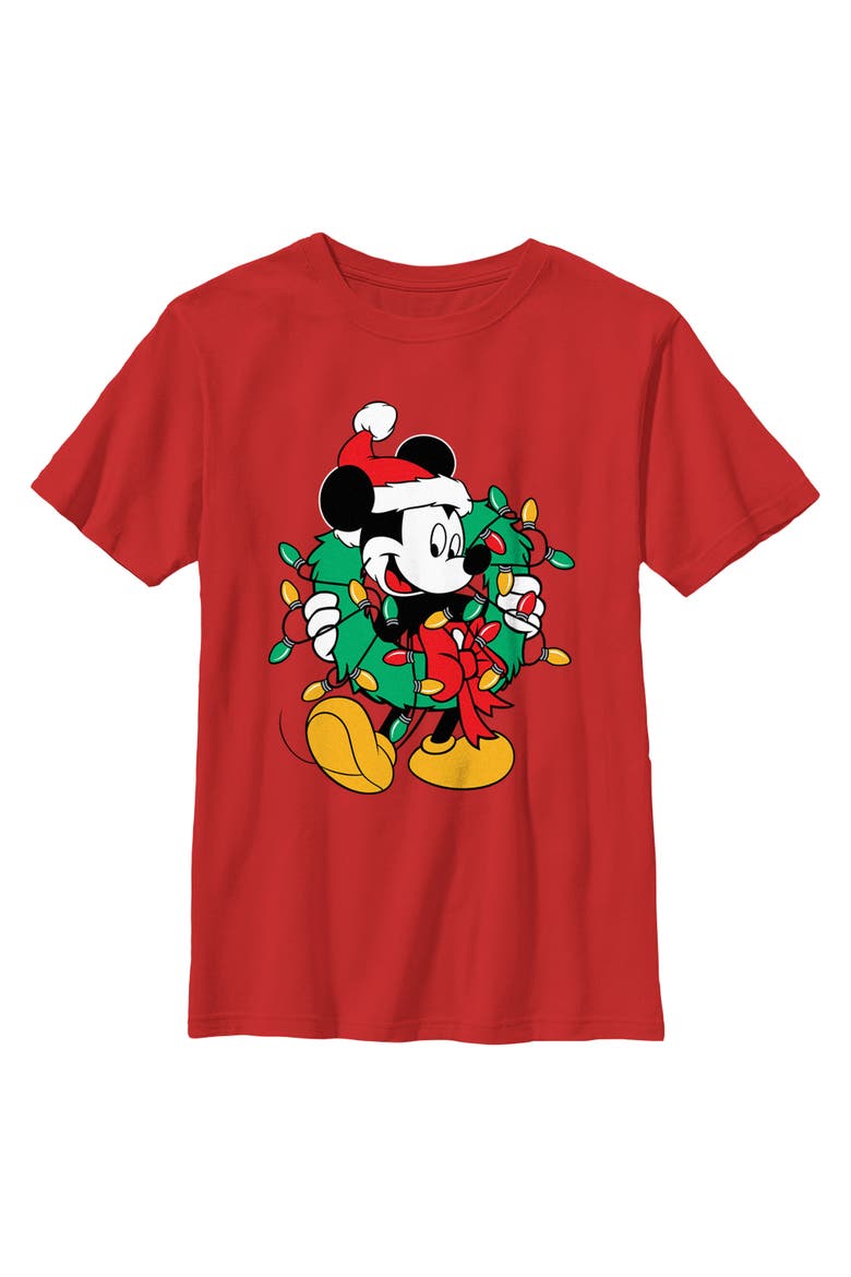 Boy's Mickey & Friends Christmas Wreath Mickey Graphic Tee, Main, color, Red