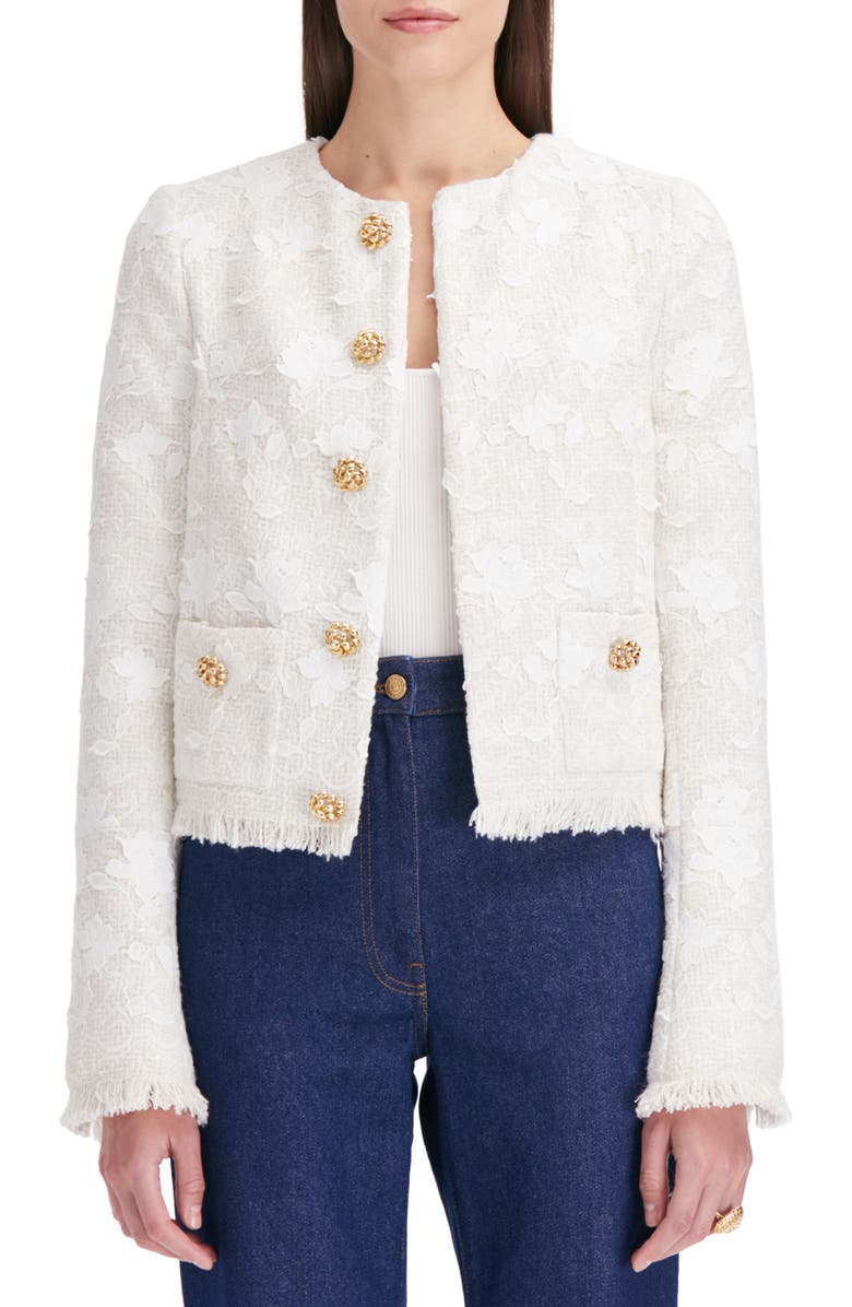 Oscar de la Renta Gardenia Appliqué Tweed Jacket, Main, color,