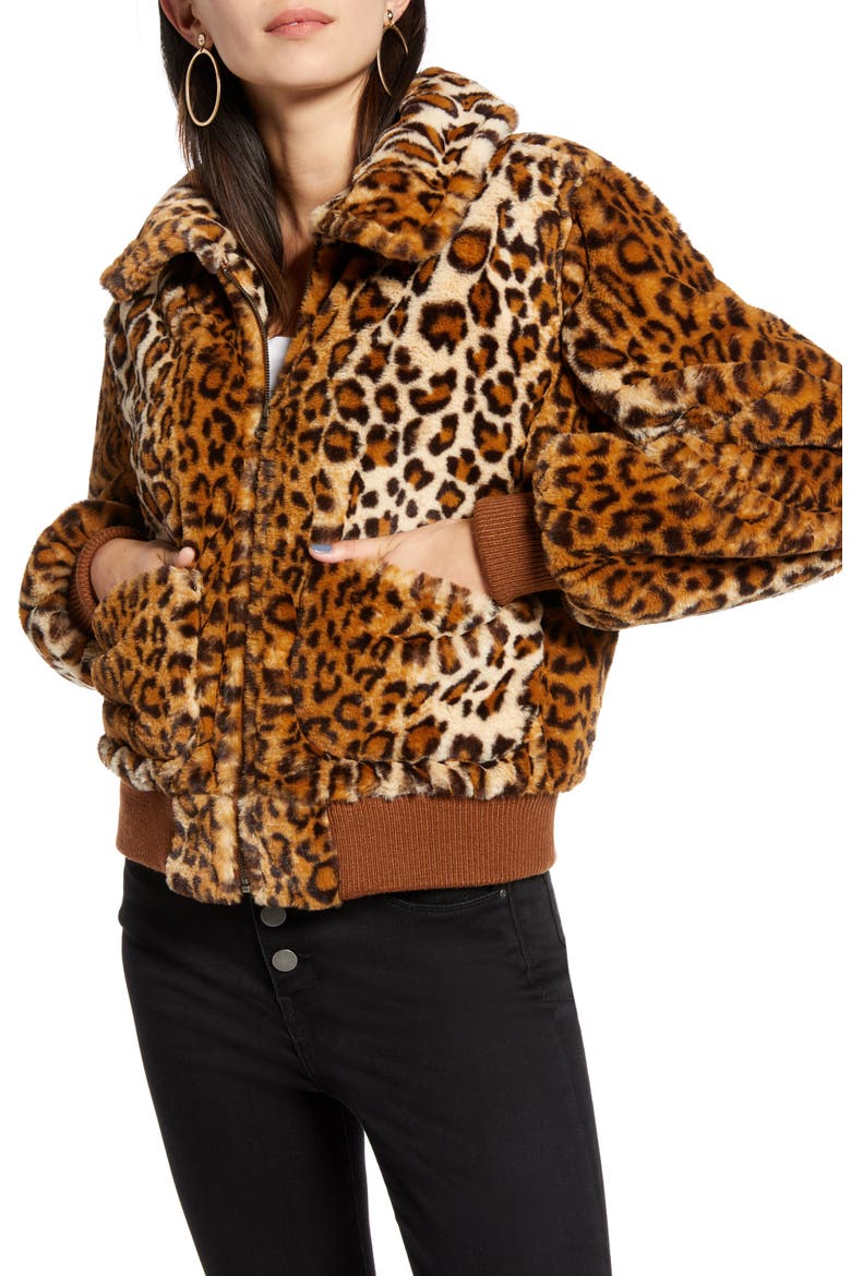 Leopard Faux Fur Bomber Jacket, Alternate, color, TAN- BROWN FAUX LEOPARD