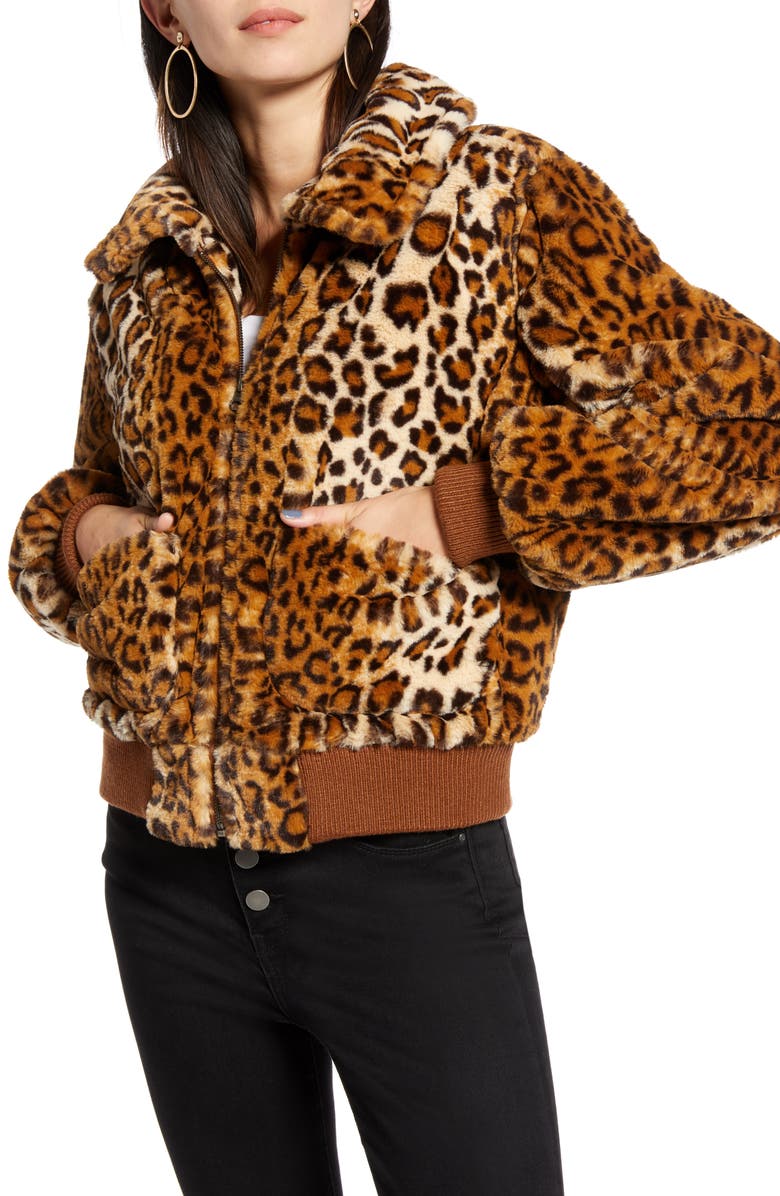 Treasure & Bond Leopard Faux Fur Bomber Jacket, Alternate, color,