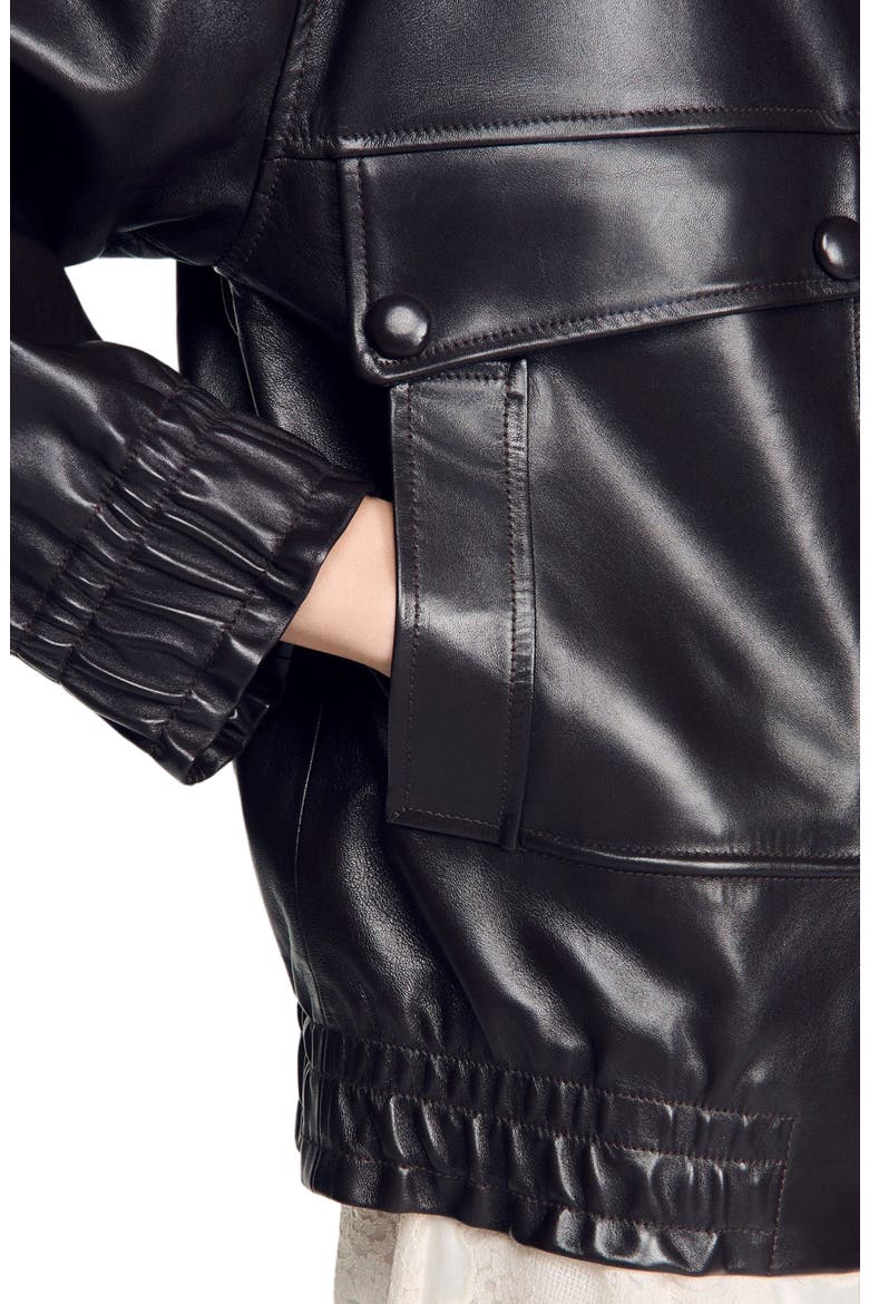 Standing collar leather jacket, Alternate, color, Black brown