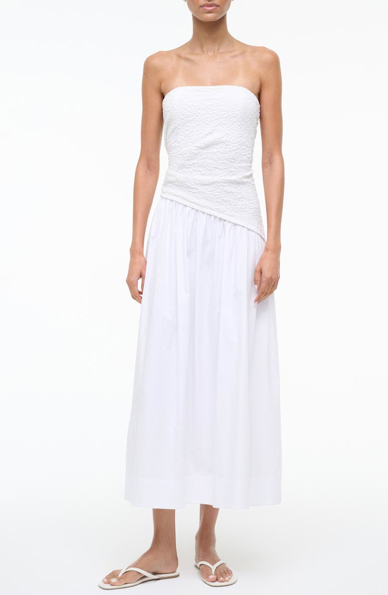 STAUD Nia Strapless Midi Dress, Main, color, White