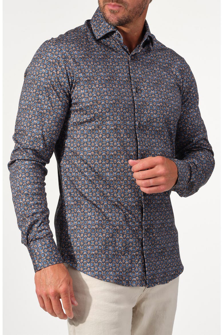 Mosaic Print Stretch Cotton Long Sleeve Button-Down Shirt, Alternate, color, BROWN