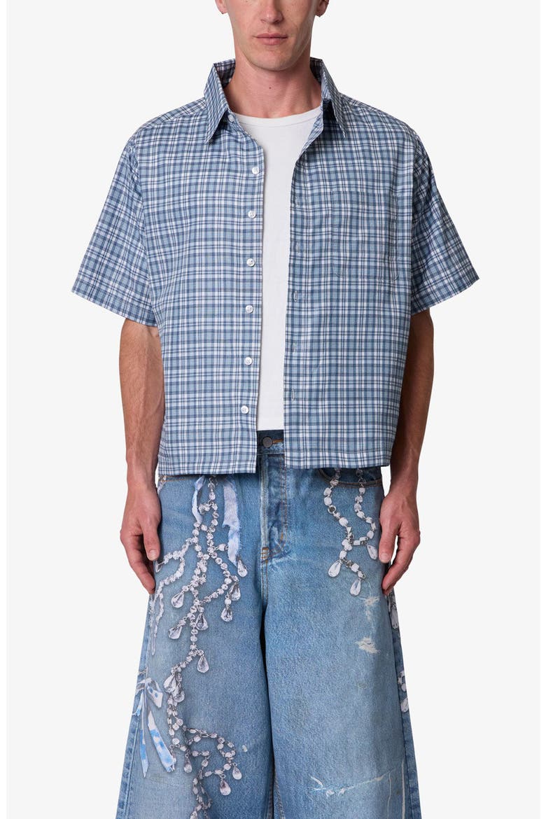 Plaid Poplin Cropped Short Sleeve Shirt, Main, color, BLUE