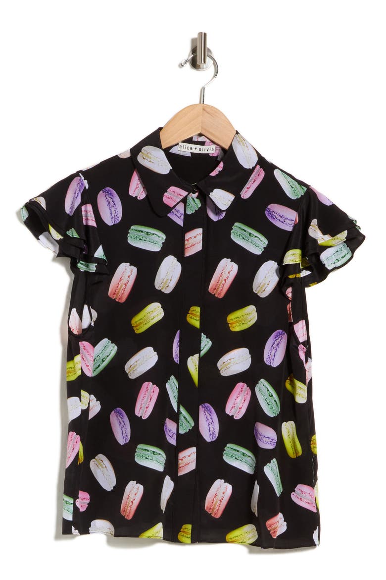 Eli Flutter Sleeve Silk Button-Down Blouse, Alternate, color, SUNDAY MACAROONS BLACK