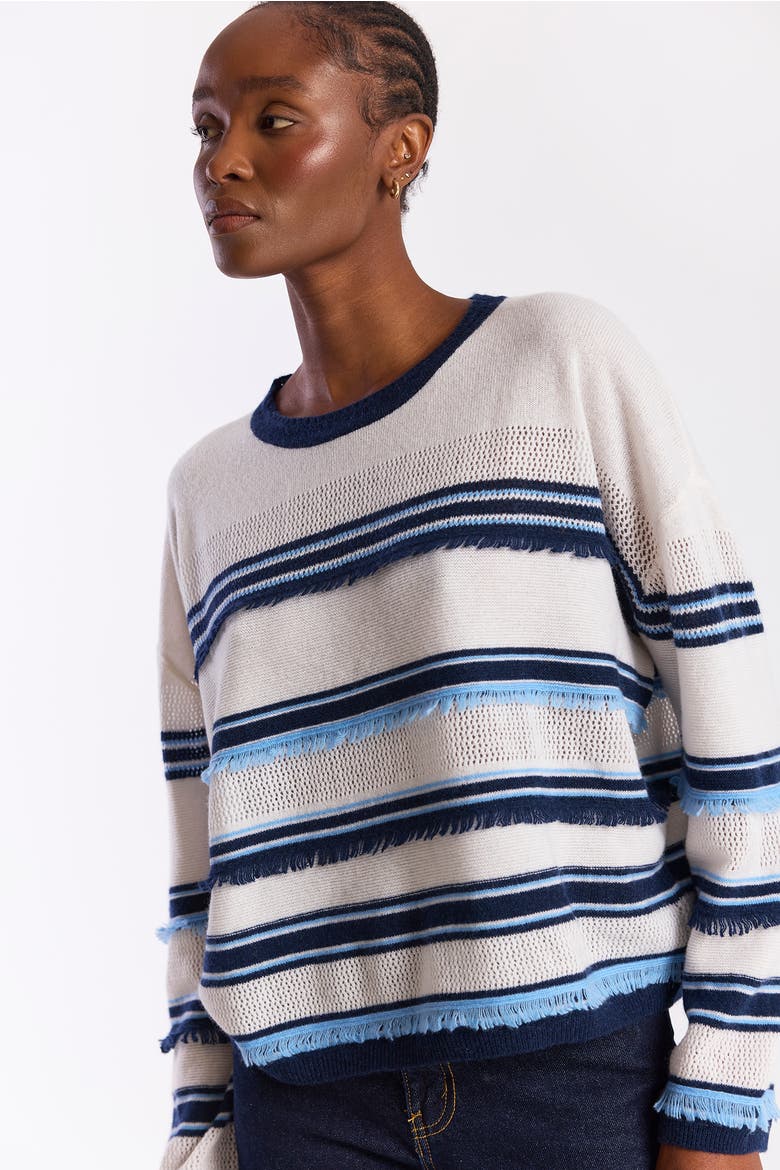 Funky Stripe 100% Cashmere Sweater, Alternate, color, Organic White/Splash, Navy