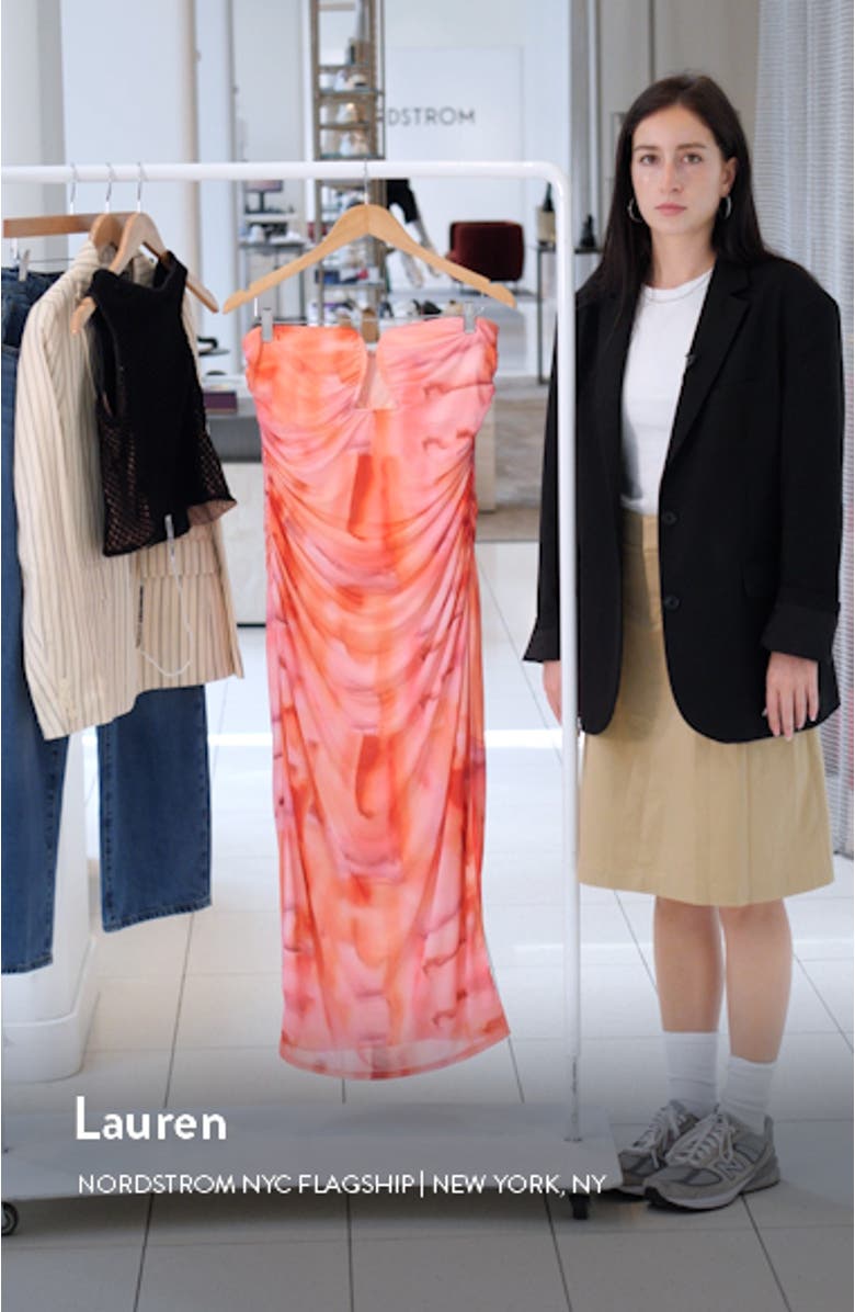 Delora Strapless Ruched Body-Con Mesh Midi Dress, sales video thumbnail