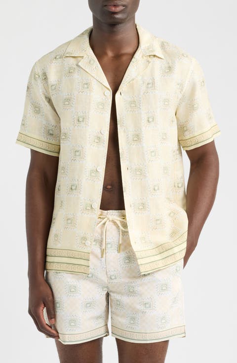 Tehla Tile Print Linen Camp Shirt