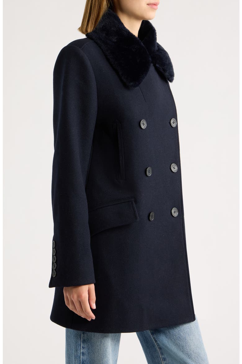 Verdine Faux Fur Collar Double Breasted Coat, Alternate, color, NAVY