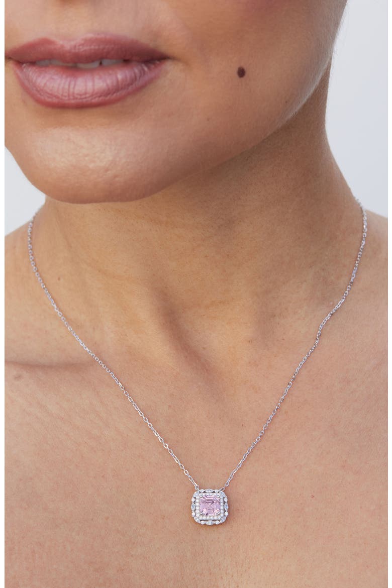 Asscher Cut Cubic Zirconia Halo Pendant Necklace, Alternate, color, FANCY PINK