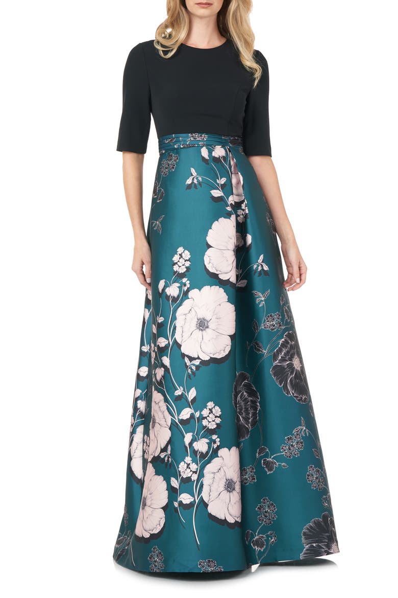 Floral Print Mikado A-Line Gown, Main, color, TEAL POPPY FLORAL