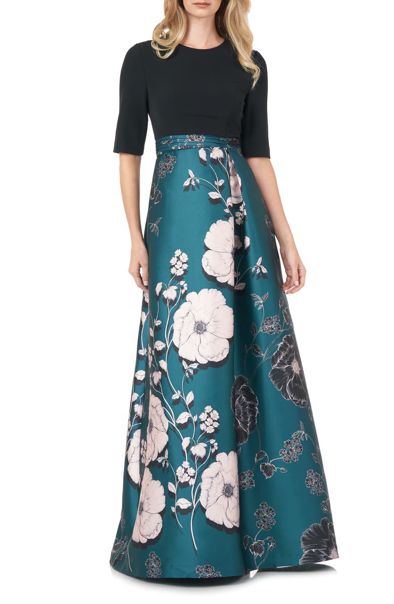 Kay Unger Floral Print Mikado A-Line Gown, Main, color,