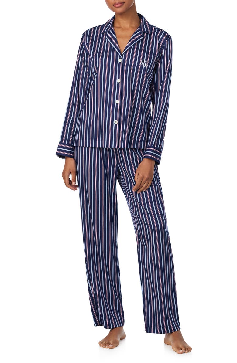 Lauren Ralph Lauren Print Cotton Blend Pajamas, Main, color, Navy Stripe