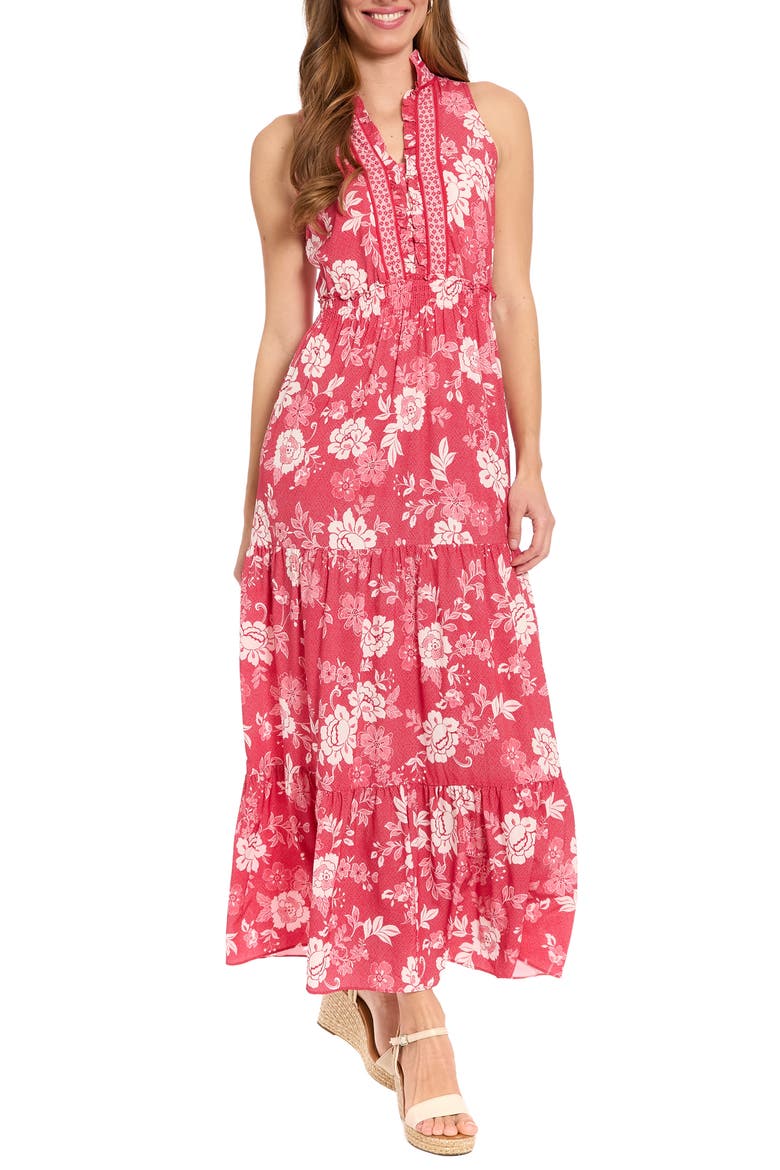 Ruffle Neck Smocked Waist Maxi Dress, Main, color, RED/ WHITE