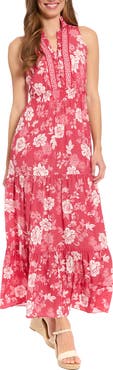 London Times Ruffle Neck Smocked Waist Maxi Dress