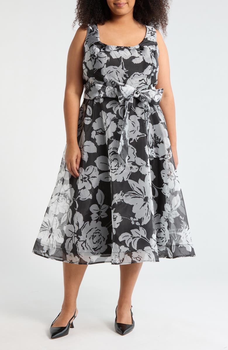 Oleg Cassini Printed Organza Party Dress, Main, color, Black/ White