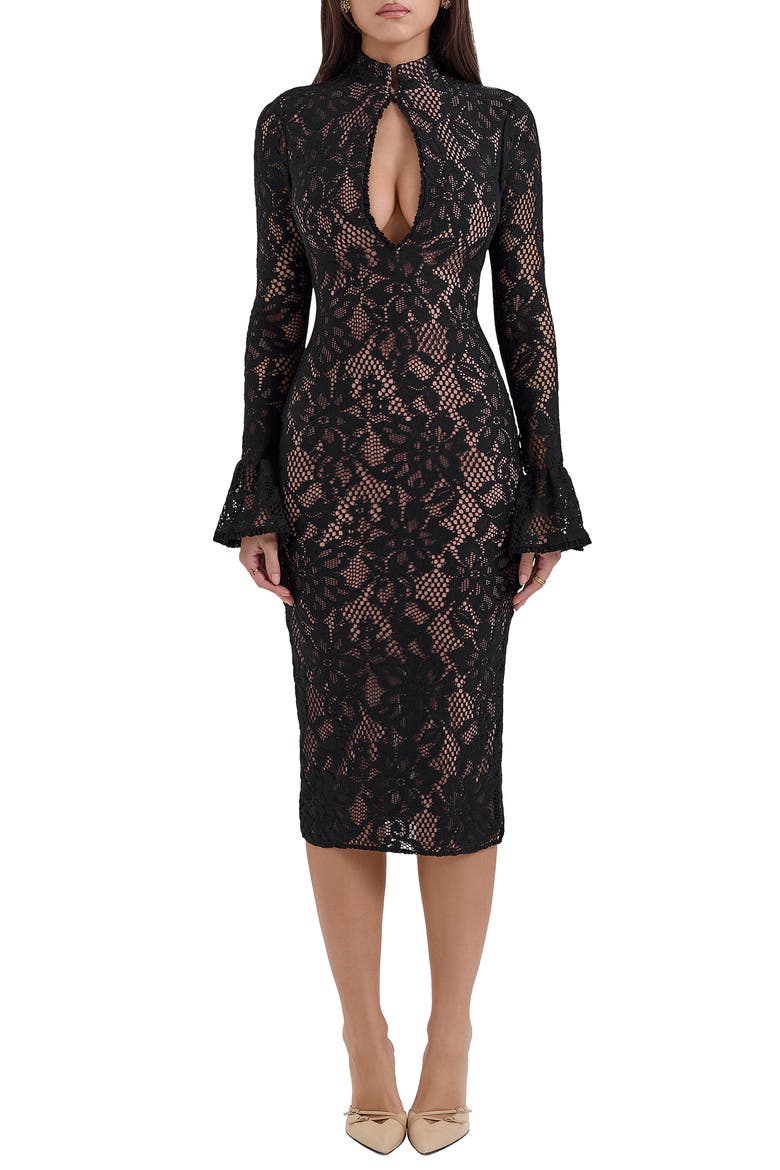 Pierette Long Sleeve Cotton Blend Cocktail Dress, Main, color, BLACK