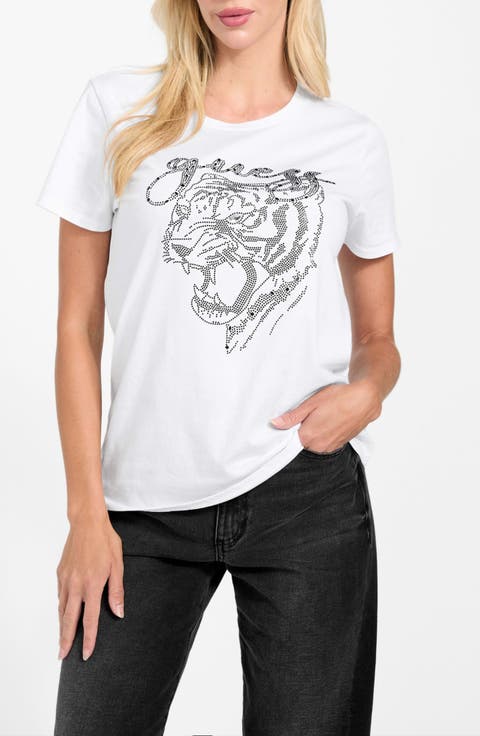 Embellished Tiger Face Organic Cotton T-Shirt