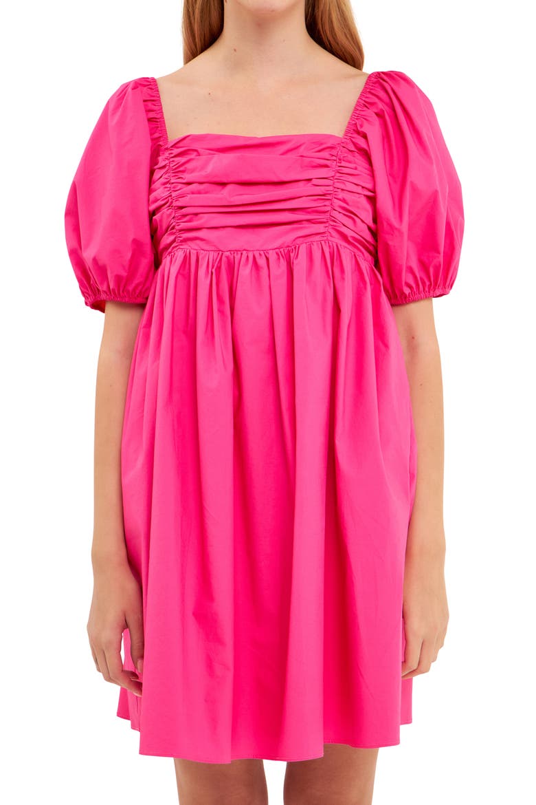 Ruched Puff Sleeve Cotton Poplin Minidress, Alternate, color, FUCHSIA