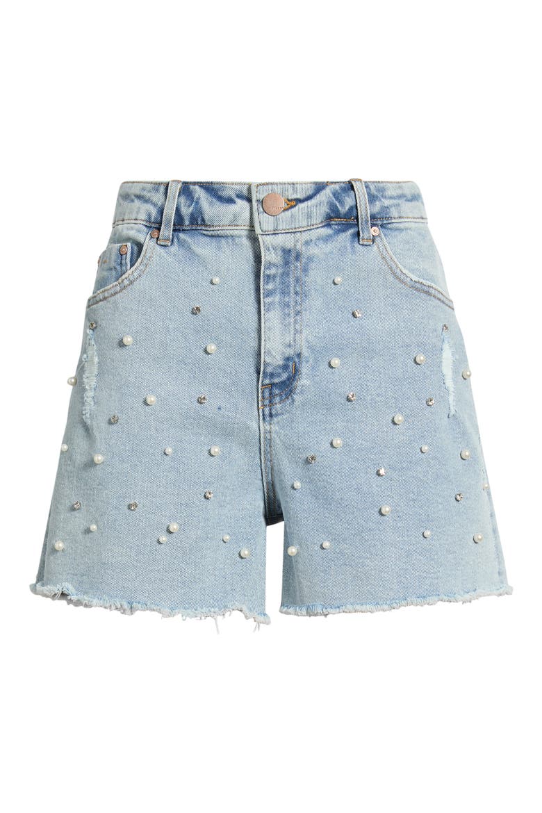 Imitation Pearl and Crystal Denim Cutoff Shorts, Alternate, color, LIGHT INDIGO