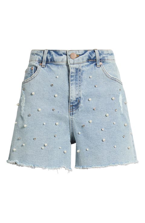 Imitation Pearl and Crystal Denim Cutoff Shorts