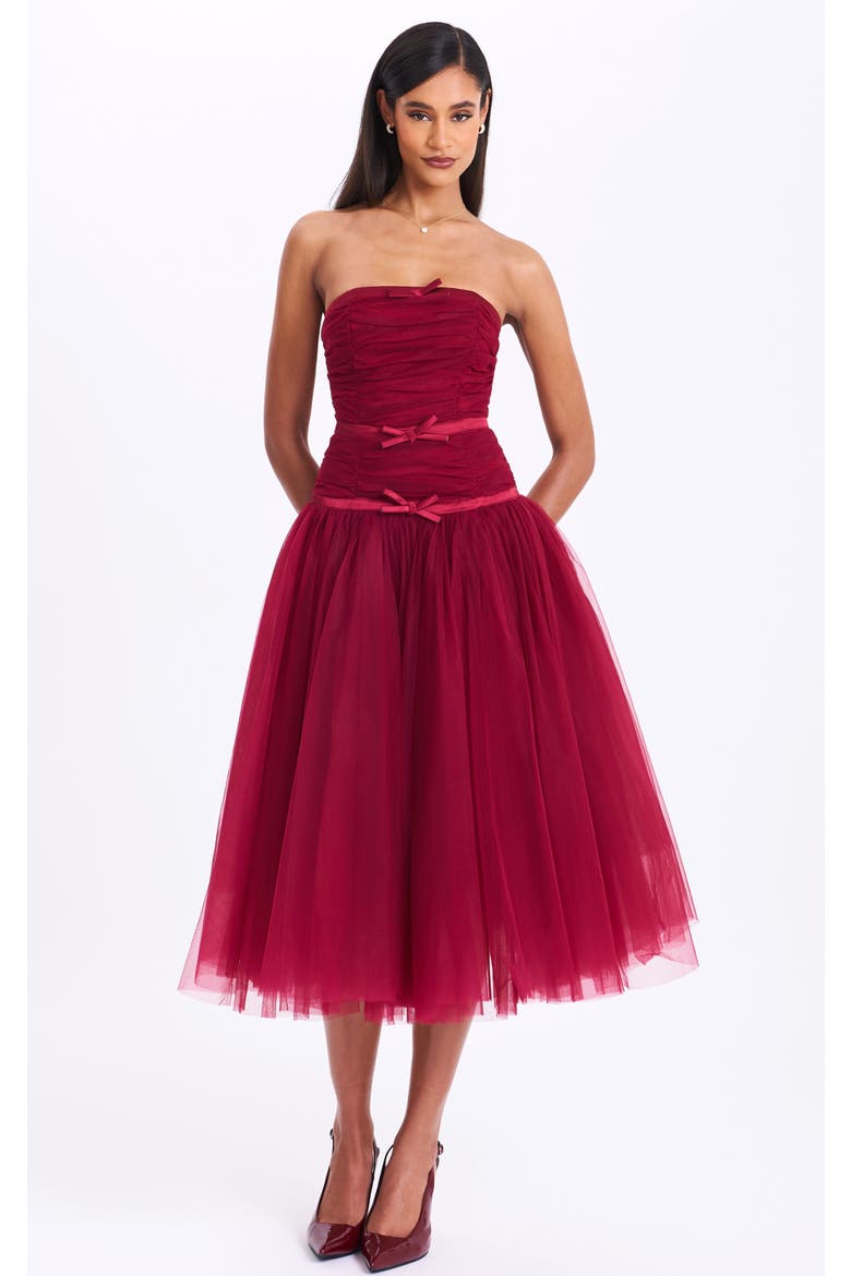 Mabel Drop Waist Layered Mesh Midi Puffy Dress with Bow, Main, color, Burgundy