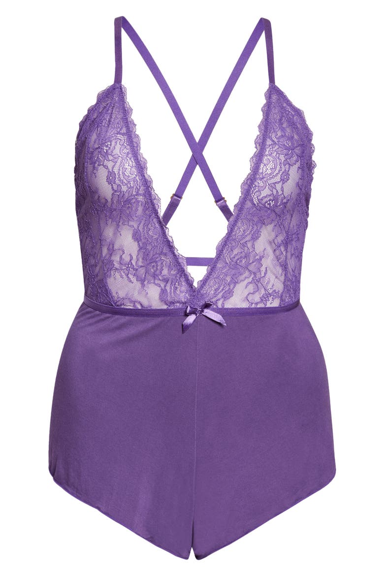 Plunge Neck Lace & Floral Print Teddy, Alternate, color, LAPIS