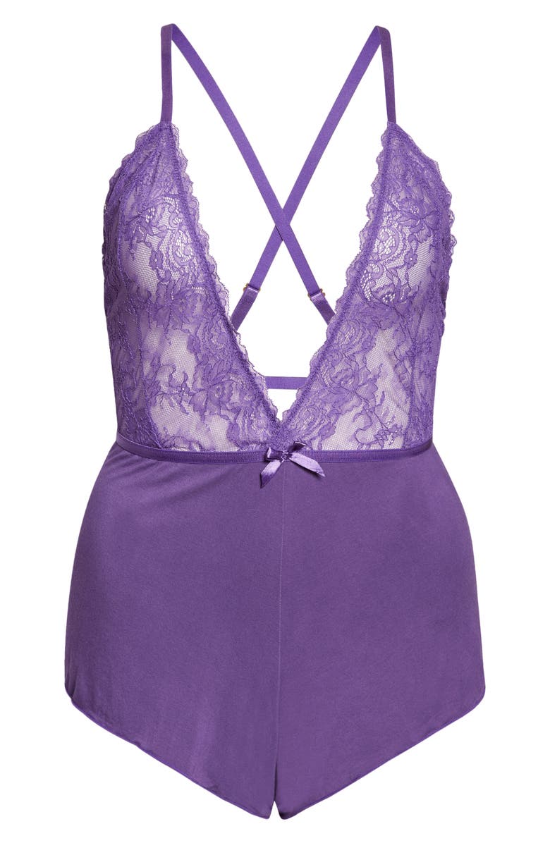 Oh La La Cheri Plunge Neck Lace & Floral Print Teddy, Alternate, color, Lapis