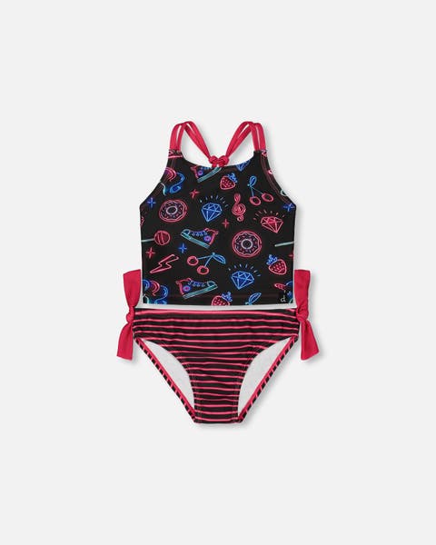 Little Girl's Printed Two-Piece Swimsuit Black And Blue And Pink Items
