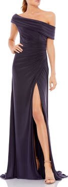 Mac Duggal Foldover off-the-shoulder slit gown