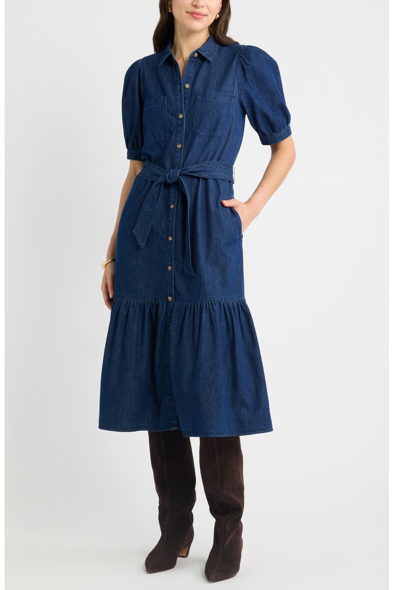 Belted Cotton Chambray Midi Dress, Alternate, color, DARK WASH