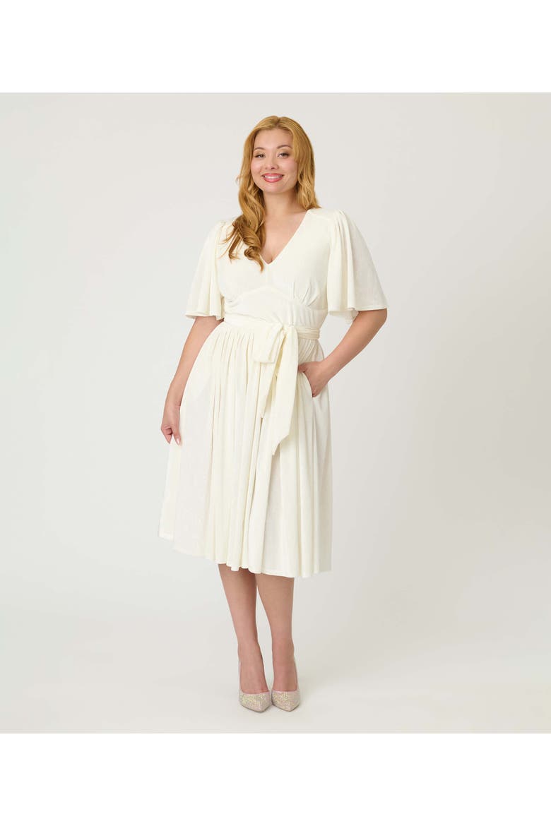 1940s Velvet Flutter Sleeve Swing Dress, Main, color, Ivory Peacock Print