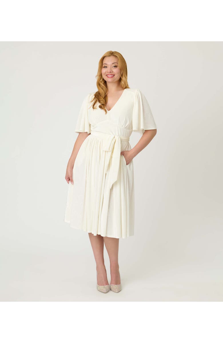 Unique Vintage 1940s Velvet Flutter Sleeve Swing Dress, Main, color, Ivory Peacock Print