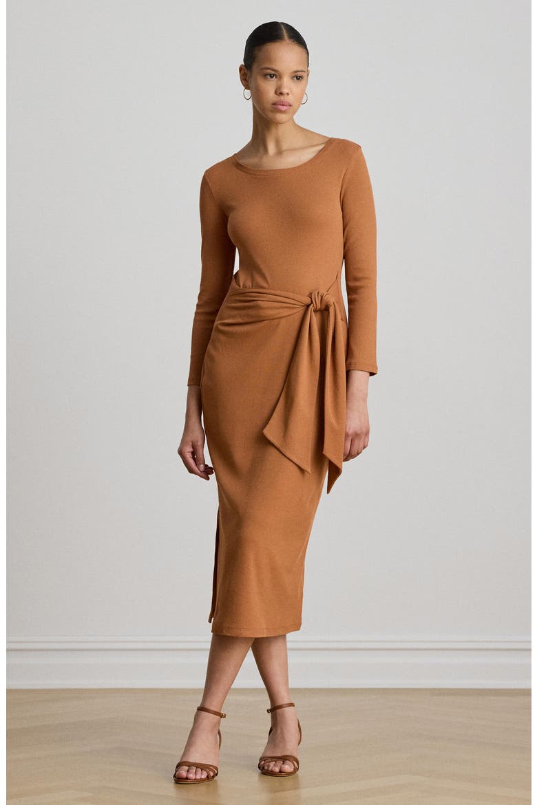 Imalah Tie Waist Rib Cotton Blend Midi Dress, Alternate, color, RED TERRACOTTA