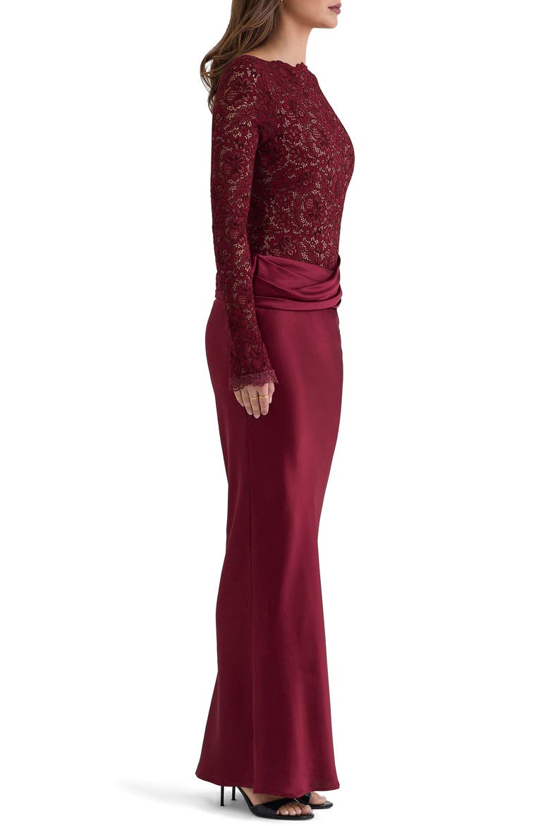 Yasmeen Long Sleeve Lace & Satin Gown, Alternate, color, CABERNET