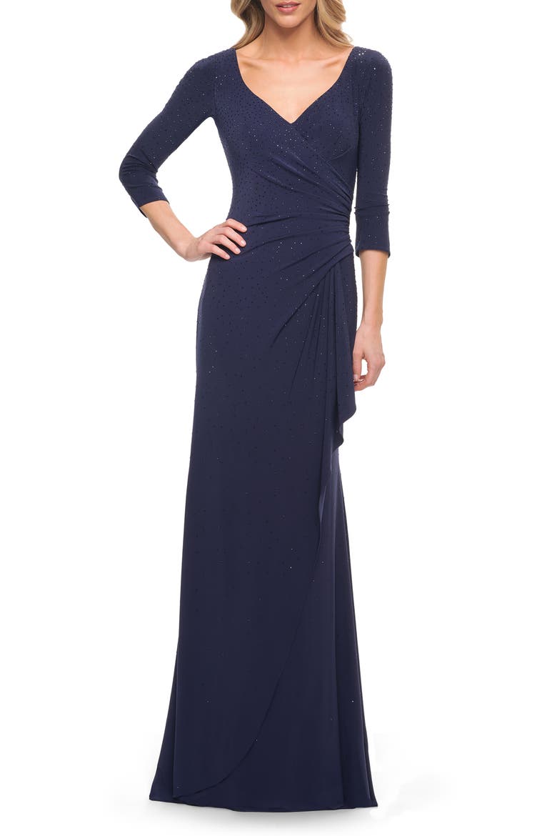 Elegant Jersey Dress with Ruching and Ruffle Detail, Alternate, color, NAVY