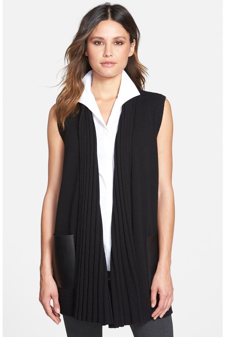 Faux Leather Pocket Ribbed Collar Sweater Vest, Main, color, BLACK
